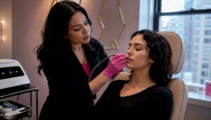 Esthetician performing upper lip electrolysis procedure