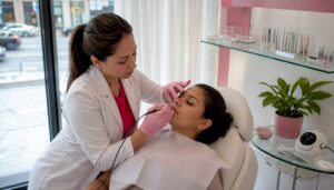 Electrologist performing hair removal treatment in NYC clinic